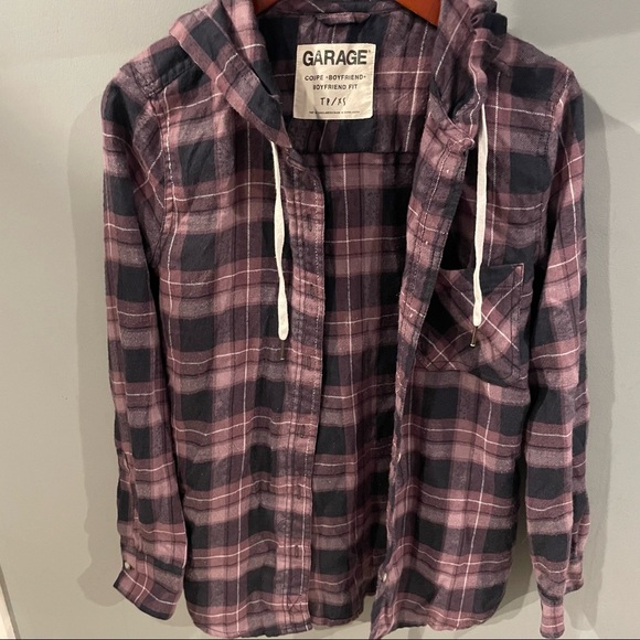 Garage plaid button down flannel XS hooded shacket - Picture 1 of 4